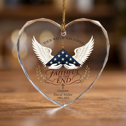 Personalized Police Memorial Your Watch Has Ended Folded Flag Angel Wings Heart Glass Ornament