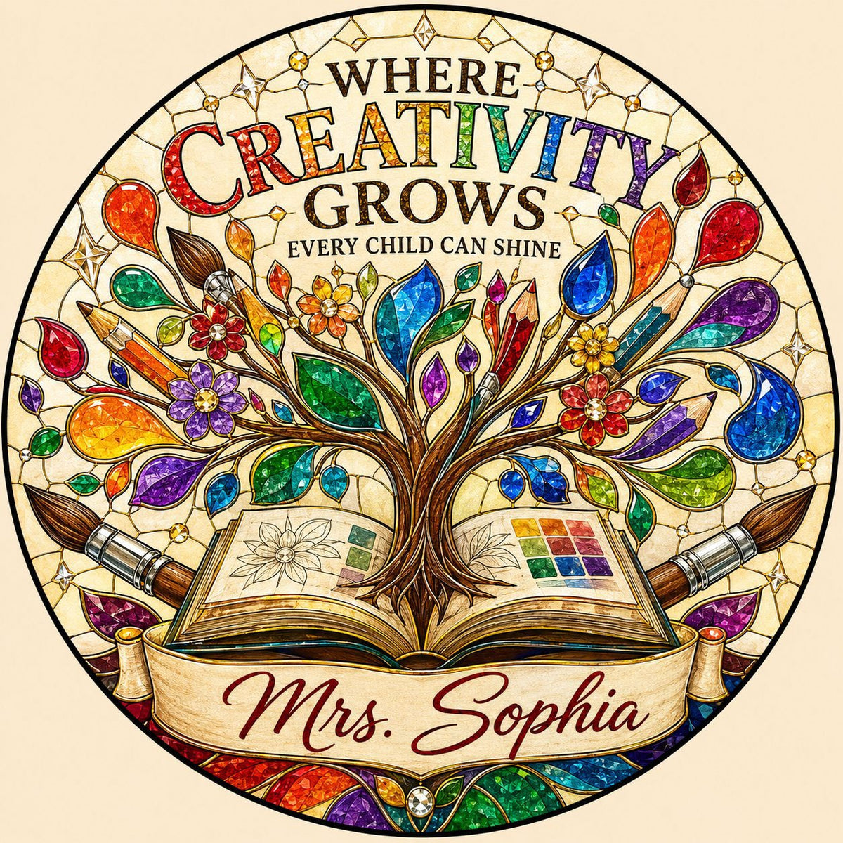 Round stained glass-style suncatcher with tree growing from an open book, paintbrushes, pencils, blossoms, and teacher n