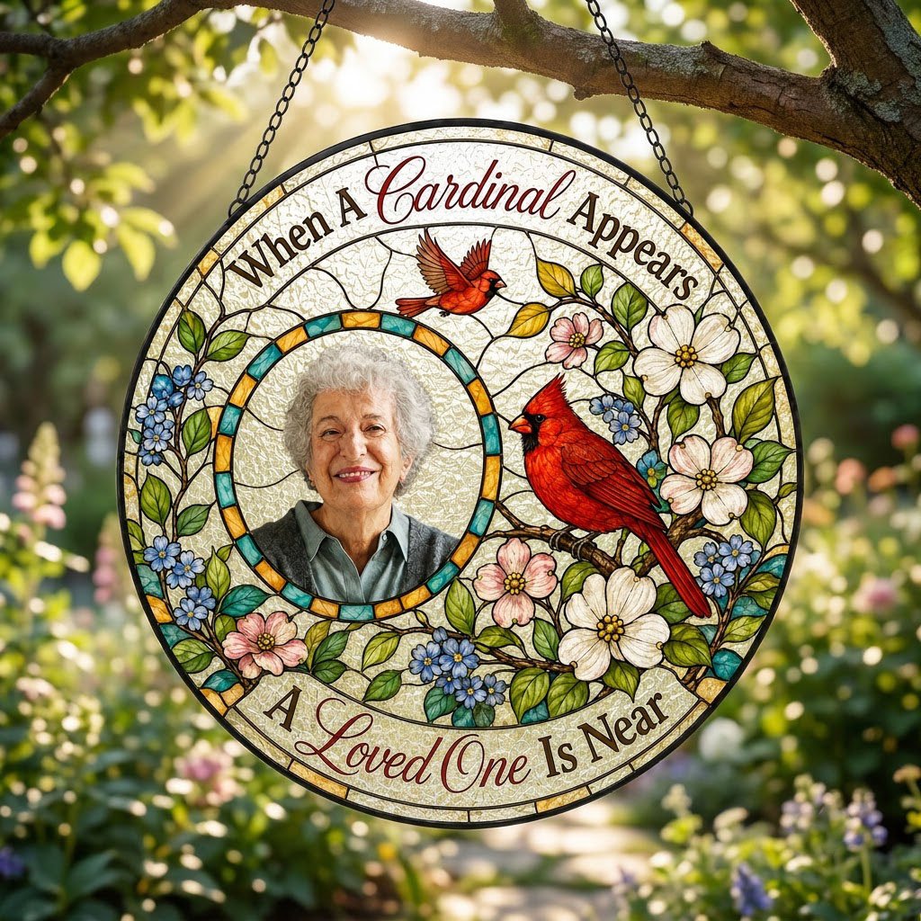 Round faux stained-glass suncatcher with two red cardinals, dogwood flowers, and a left-side circular photo frame.