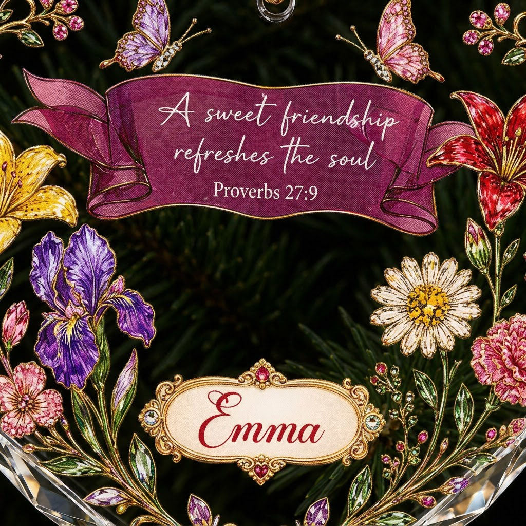 Heart stained glass suncatcher with floral wreath, burgundy banner, two jeweled butterflies, and the verse Proverbs 27:9