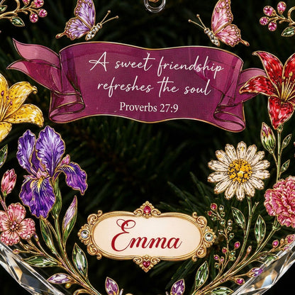 Heart stained glass suncatcher with floral wreath, burgundy banner, two jeweled butterflies, and the verse Proverbs 27:9
