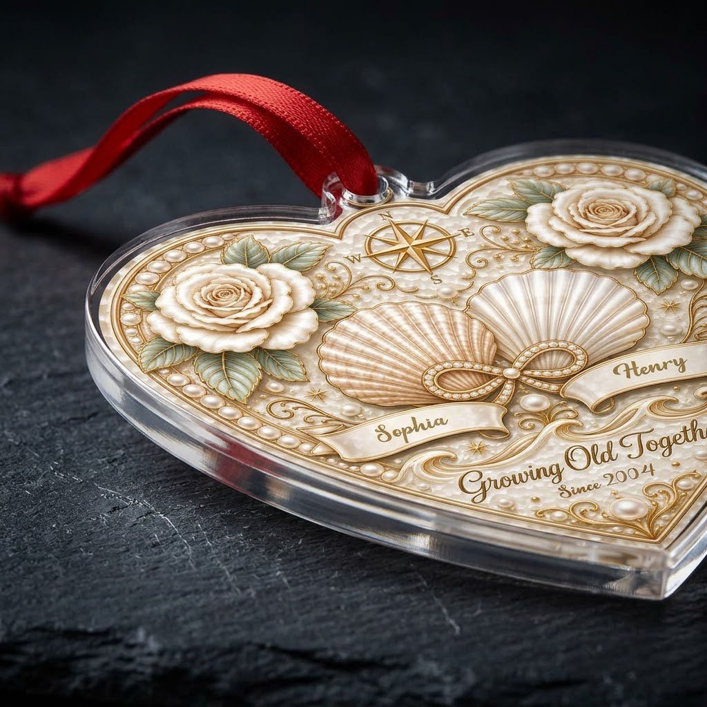Heart-shaped clear acrylic ornament with seashells, pearl infinity symbol, compass star, and two name ribbons.