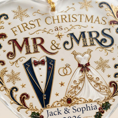 Personalized First Christmas as Mr & Mrs Tuxedo Gown Heart Glass Ornament