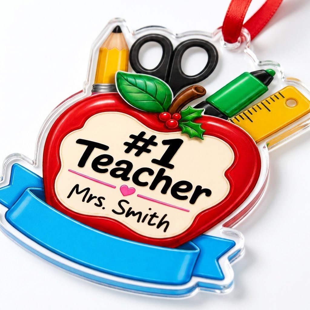 Personalized #1 Teacher Red Apple Acrylic Ornament, Custom School Appreciation Keepsake