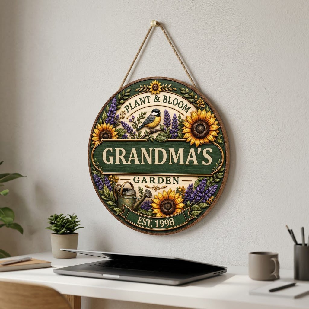 Round wooden sign with sunflowers, lavender, a chickadee, and green banners reading PLANT & BLOOM and GARDEN.