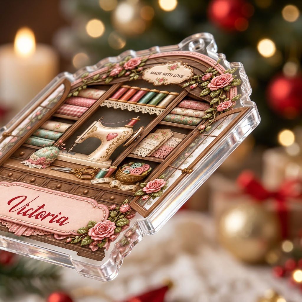Acrylic ornament shaped like a sewing cabinet with roses, sewing machine, scissors and a pink name banner.