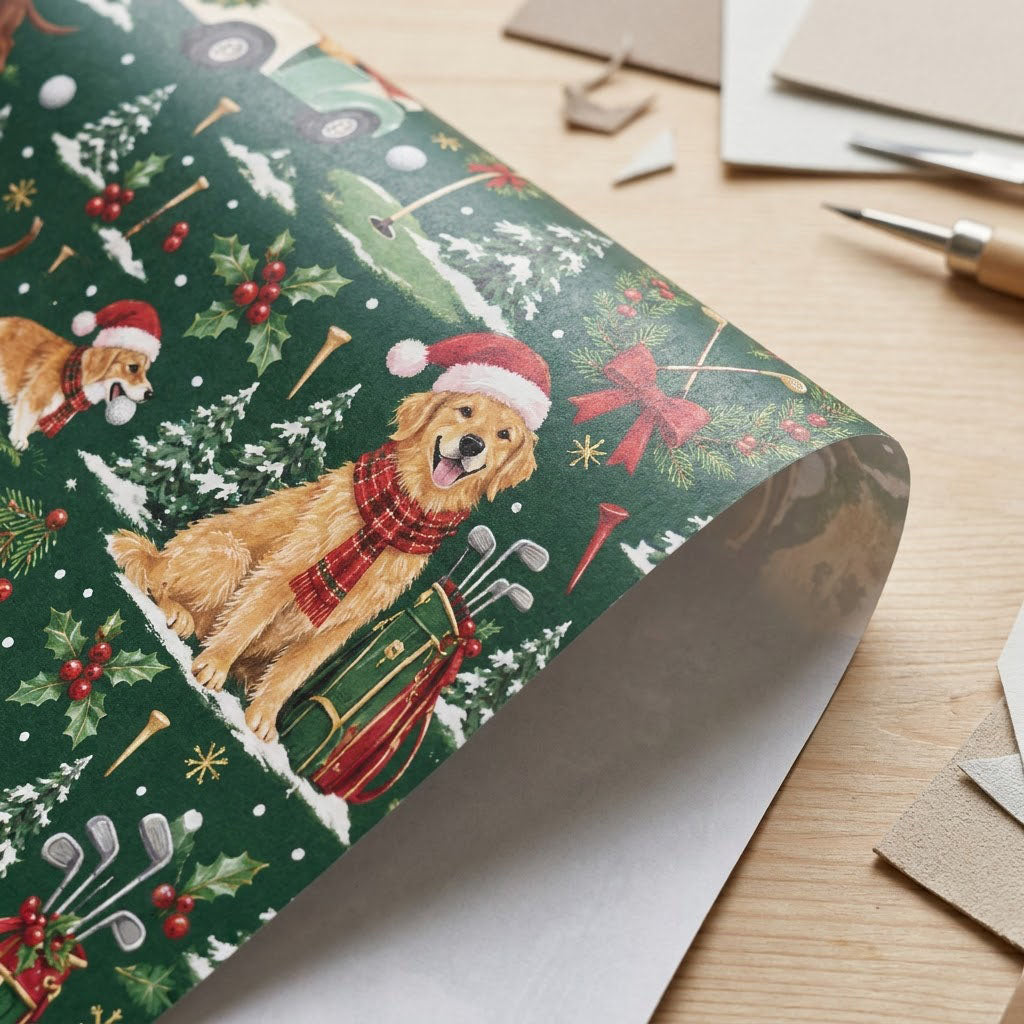 Dark green wrapping paper with dogs in Santa hats, golf carts with wreaths, flags, clubs, snowy trees and golf balls.