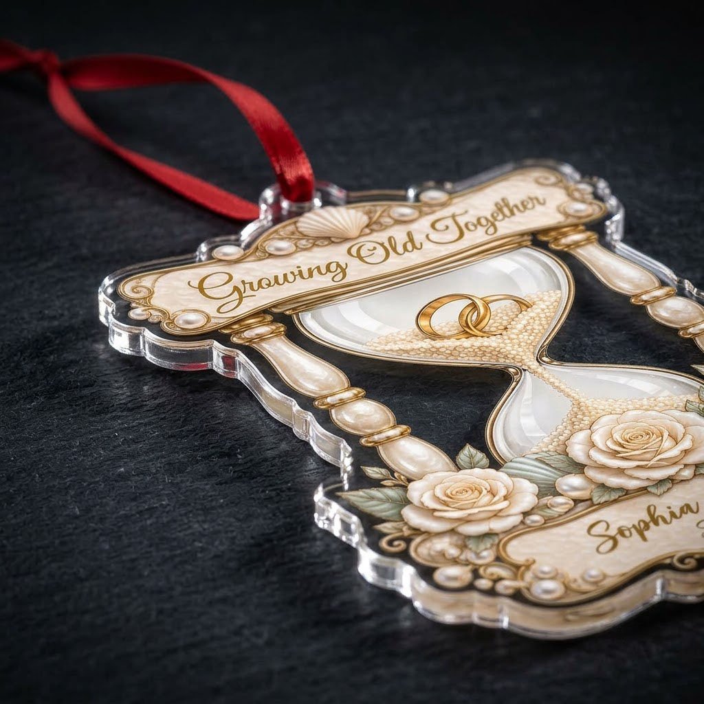 Acrylic hourglass ornament with gold rings, roses, seashells, pearls, and Growing Old Together text.