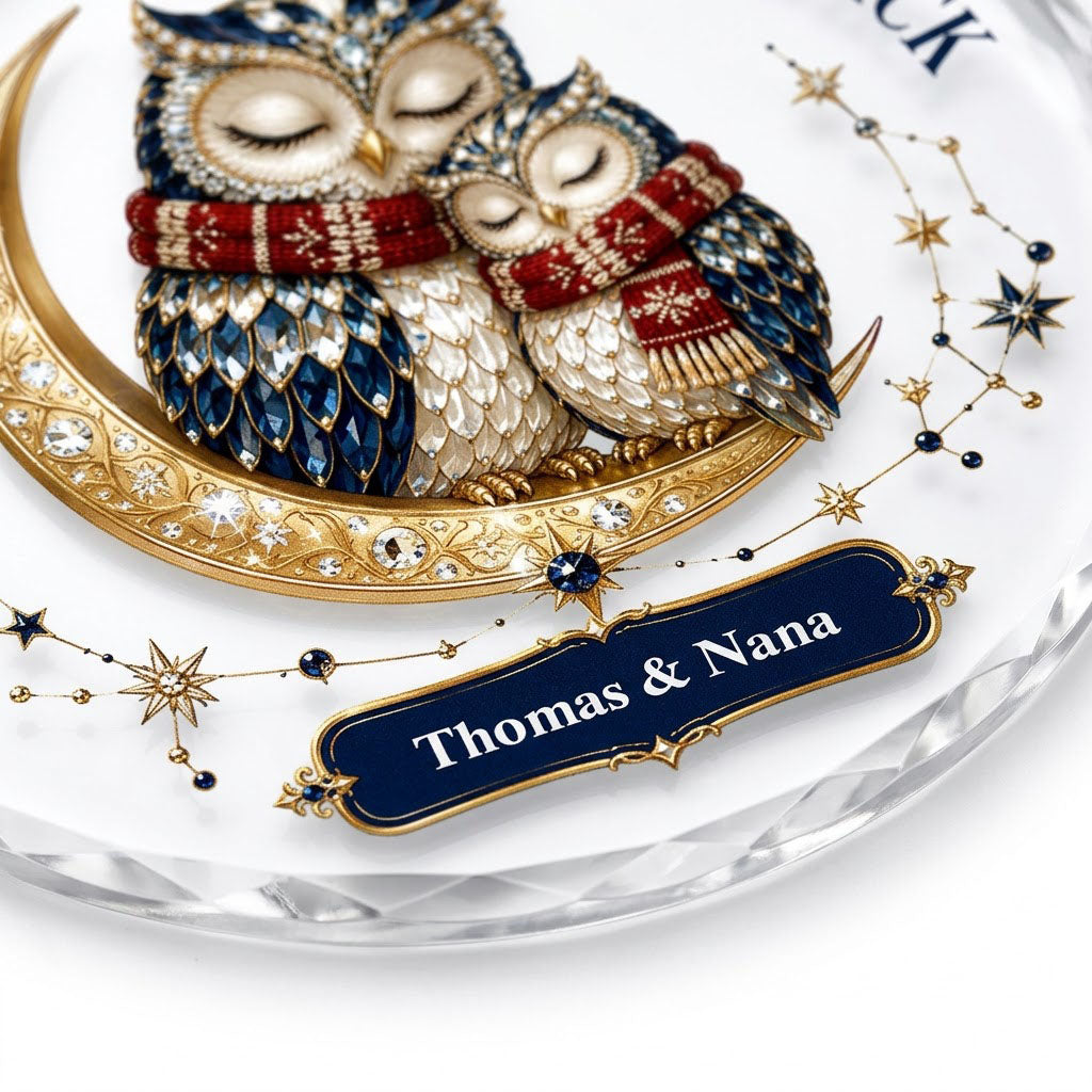 Two jeweled owls on a gold crescent moon with Love You to the Moon and Back text and names on a blue plaque.