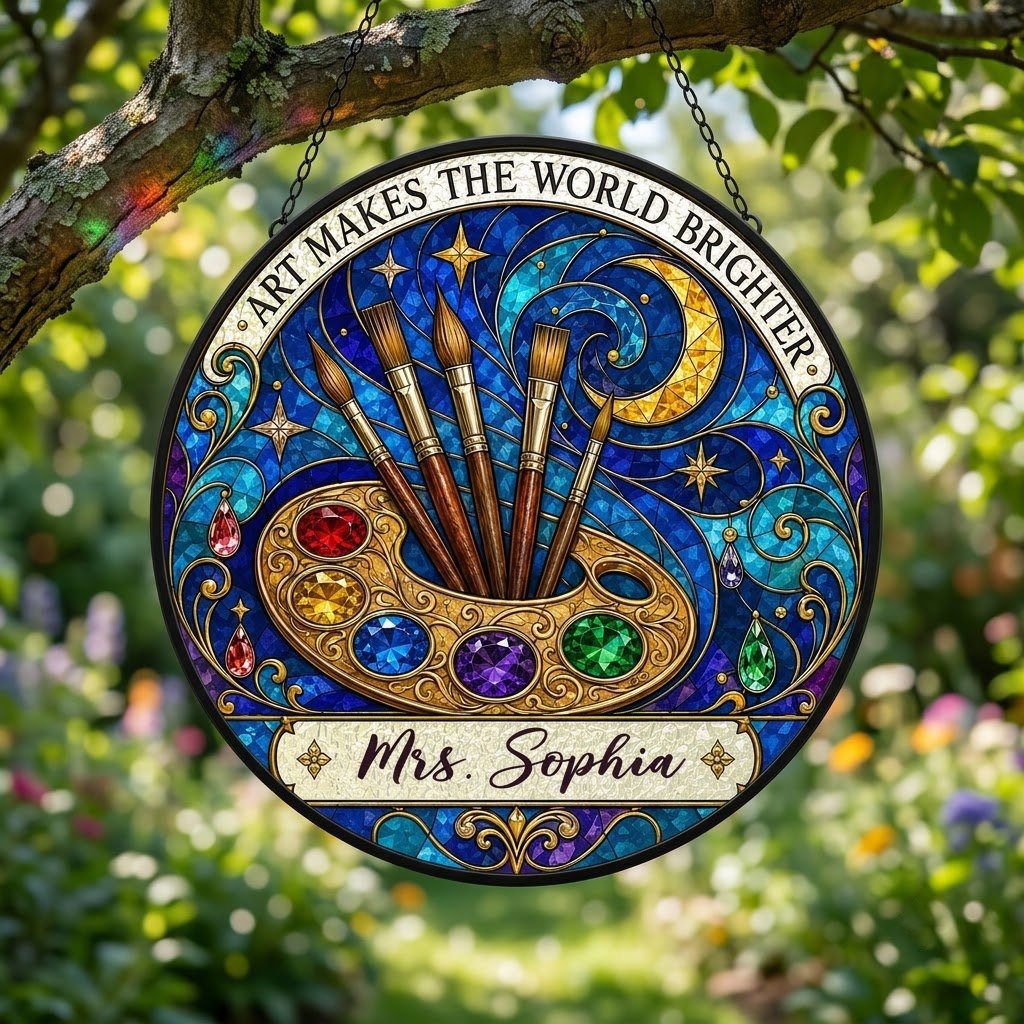 Round stained-glass suncatcher with golden palette, five brushes, moon, and 'Art Makes the World Brighter'.