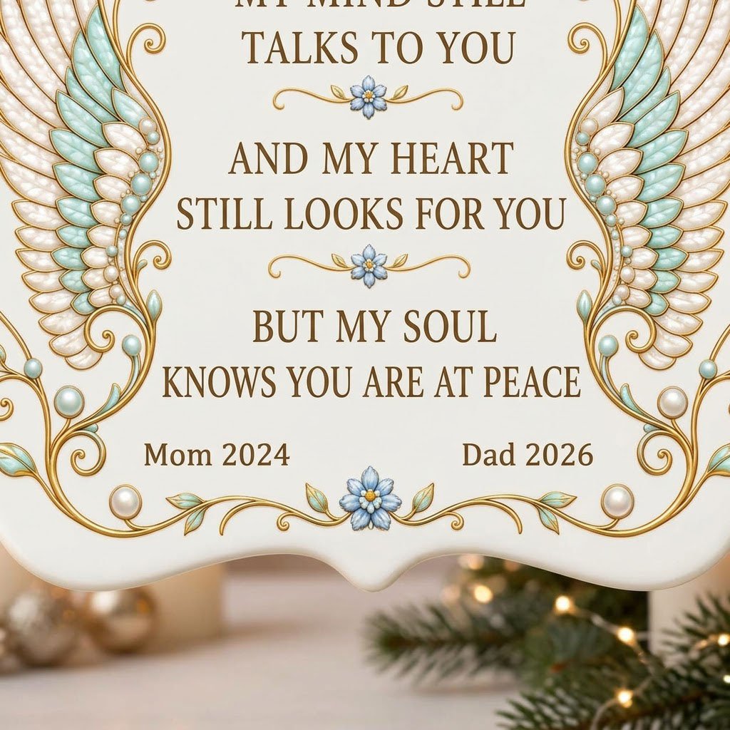 Medallion ceramic ornament with gold-outlined angel wings, blue forget-me-nots, and a memorial quote with name and year.