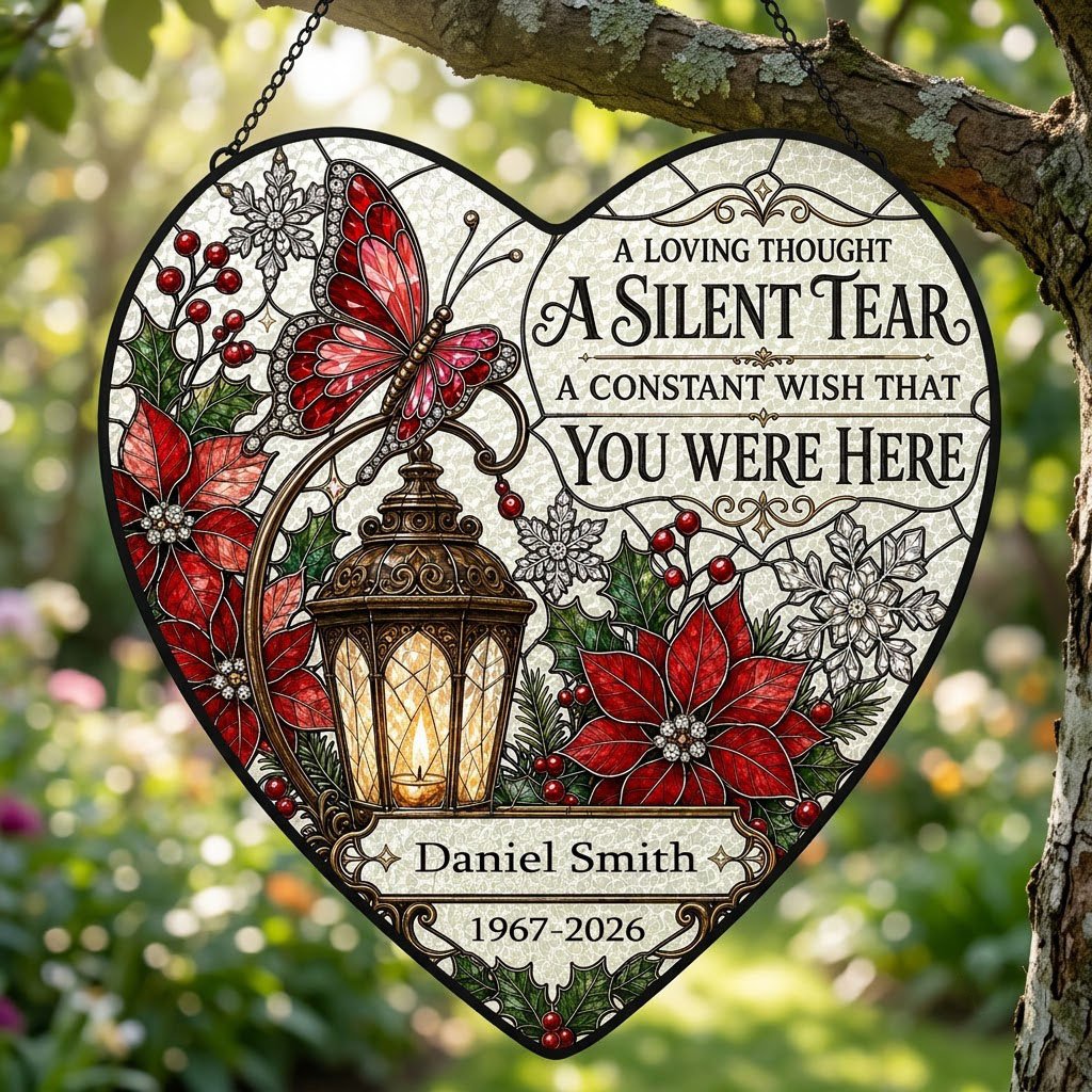 Personalized Red Butterfly Glowing Lantern A Silent Tear Memorial Heart Stained Glass Suncatcher