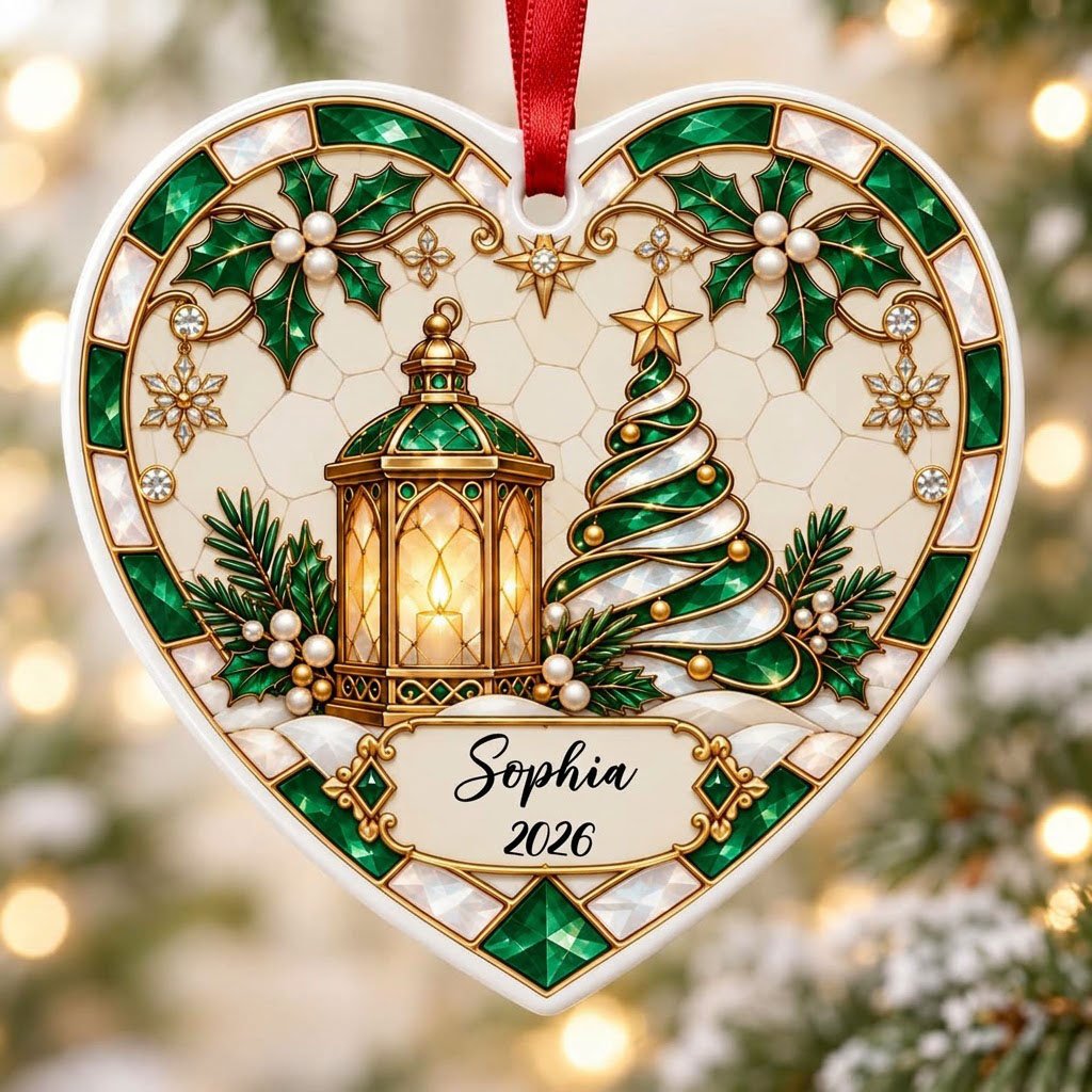 Heart ornament with emerald stained-glass border, gold lantern, spiral tree, holly, and a name-and-year scroll plaque.