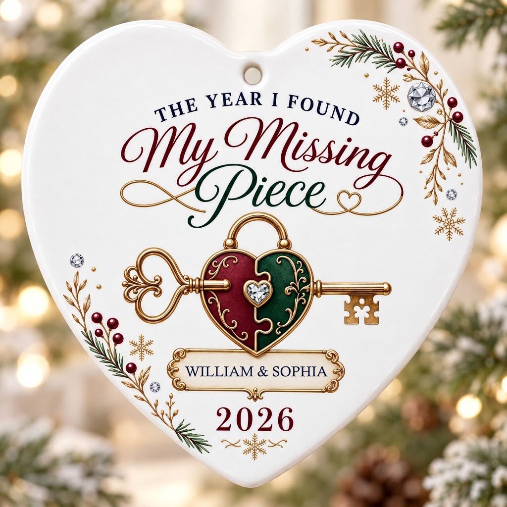 Heart ceramic ornament with a gold key through a burgundy and green heart lock, pine sprigs, berries, and gold snowflake