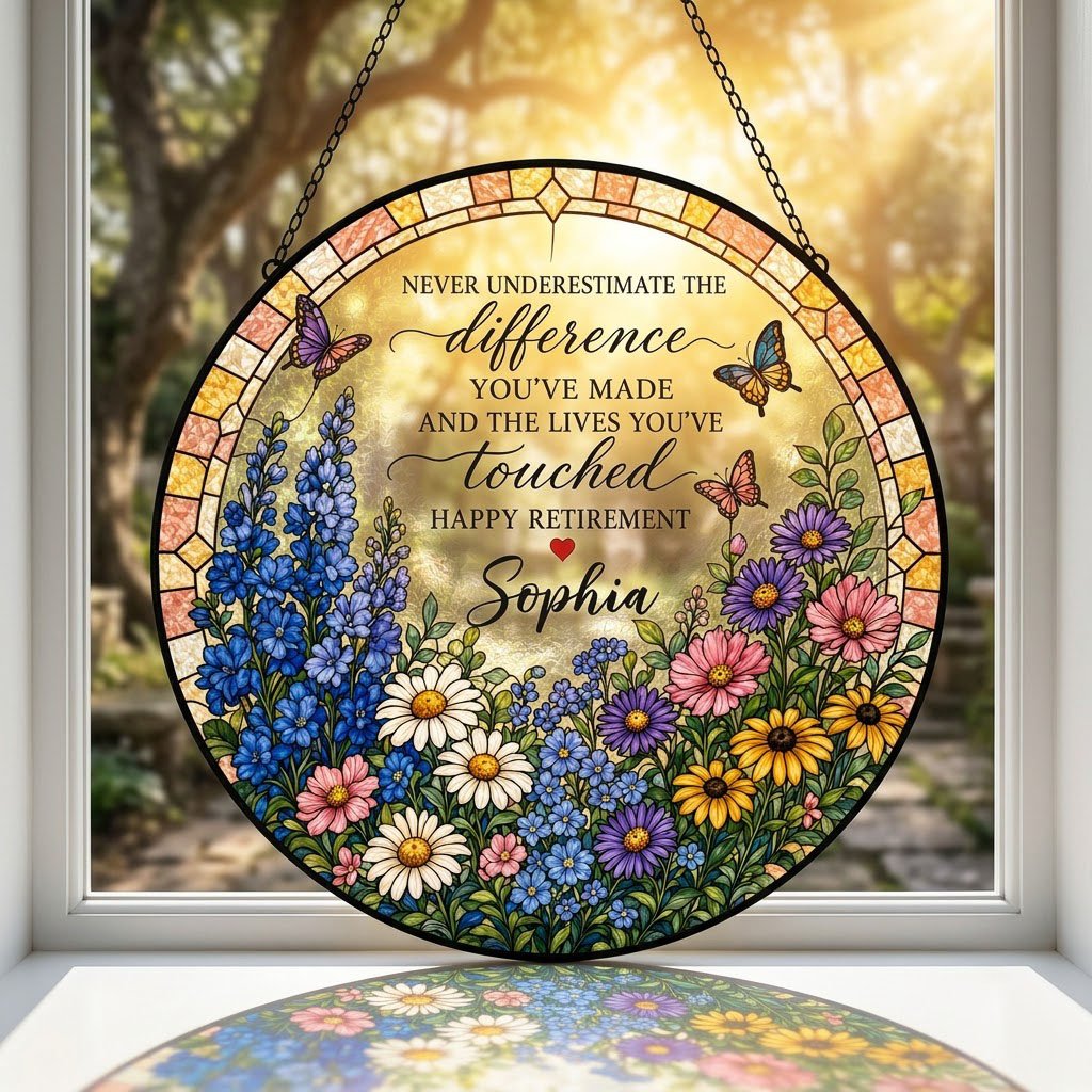 Personalized Retirement Wildflower Garden Never Underestimate The Difference Happy Retirement Stained Glass Round Suncatcher