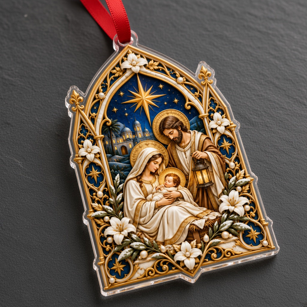 Cathedral-arch acrylic ornament with Nativity scene of Mary, Joseph with lantern, and the Star of Bethlehem.