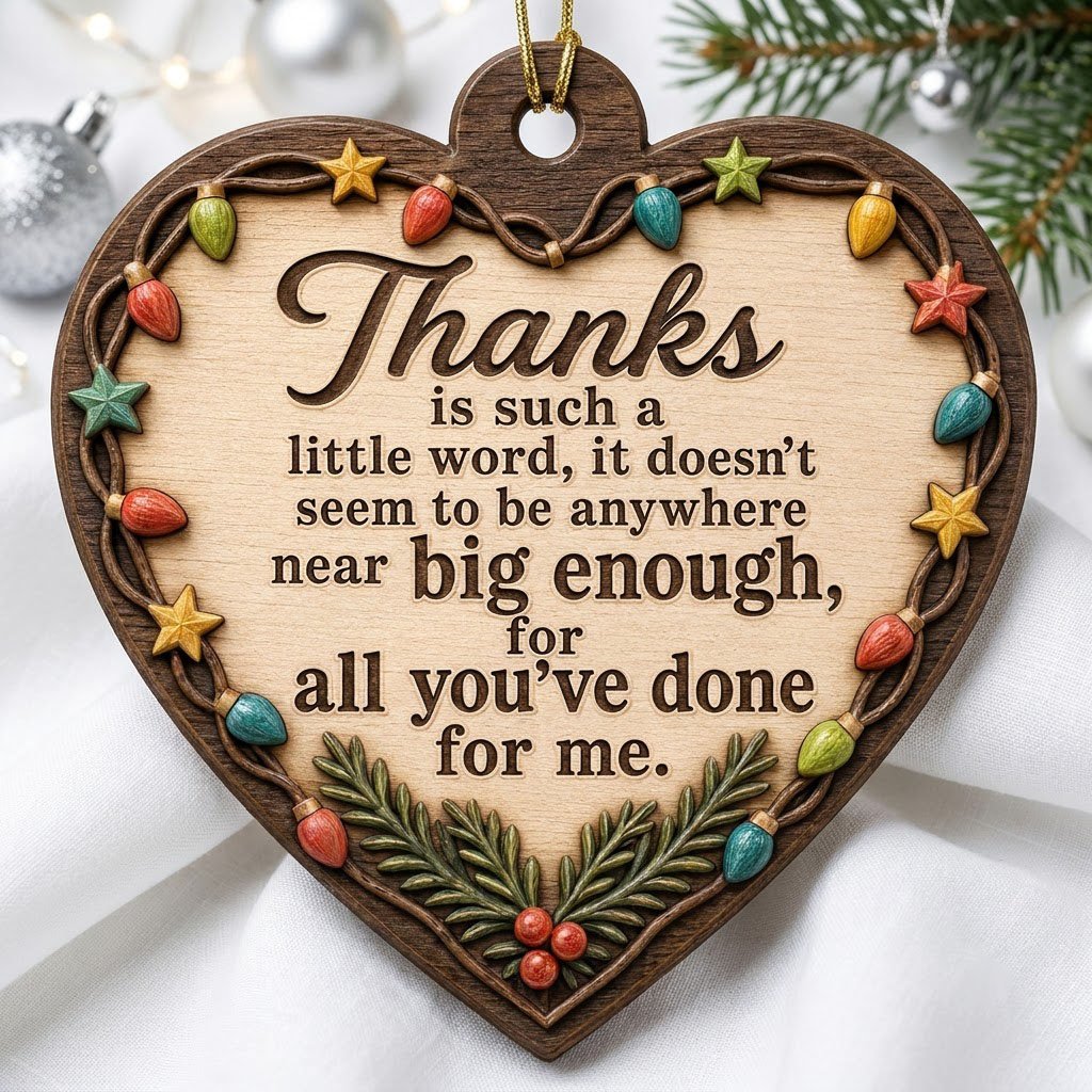 Heart-shaped wood ornament with a lights-and-stars border, pine sprigs with red berries, and a gratitude quote.