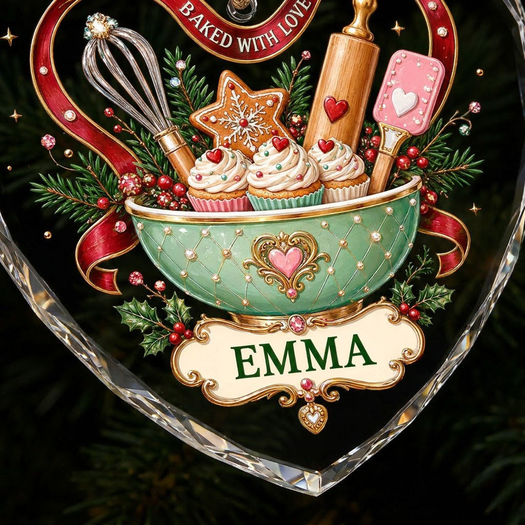 Heart stained glass suncatcher with mint mixing bowl, cupcakes, red ribbon, holly, and gold plaque BAKED WITH LOVE.