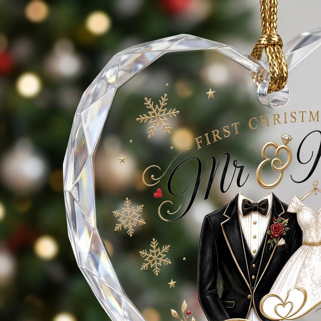 Personalized First Christmas as Mr & Mrs Tuxedo Gown Heart Glass Ornament