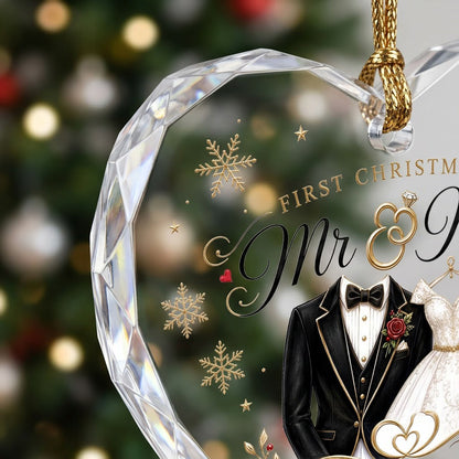 Personalized First Christmas as Mr & Mrs Tuxedo Gown Heart Glass Ornament