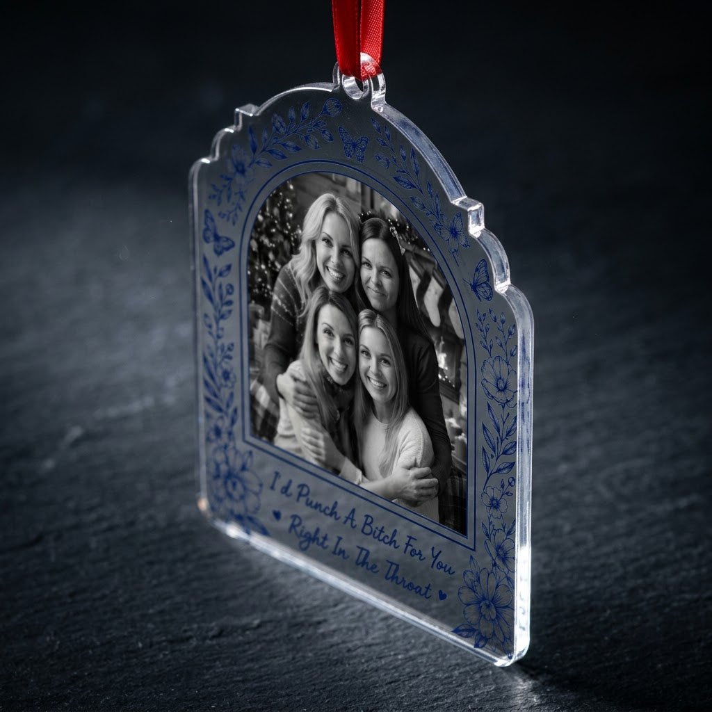 Clear acrylic arch ornament with navy floral border, butterflies, bold quote and a black-and-white friends photo.