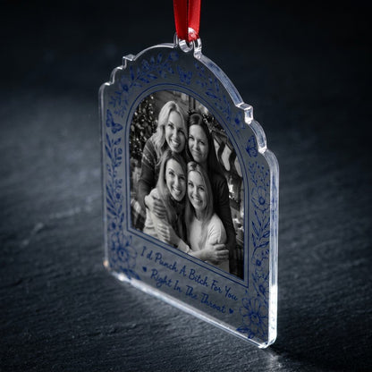Clear acrylic arch ornament with navy floral border, butterflies, bold quote and a black-and-white friends photo.