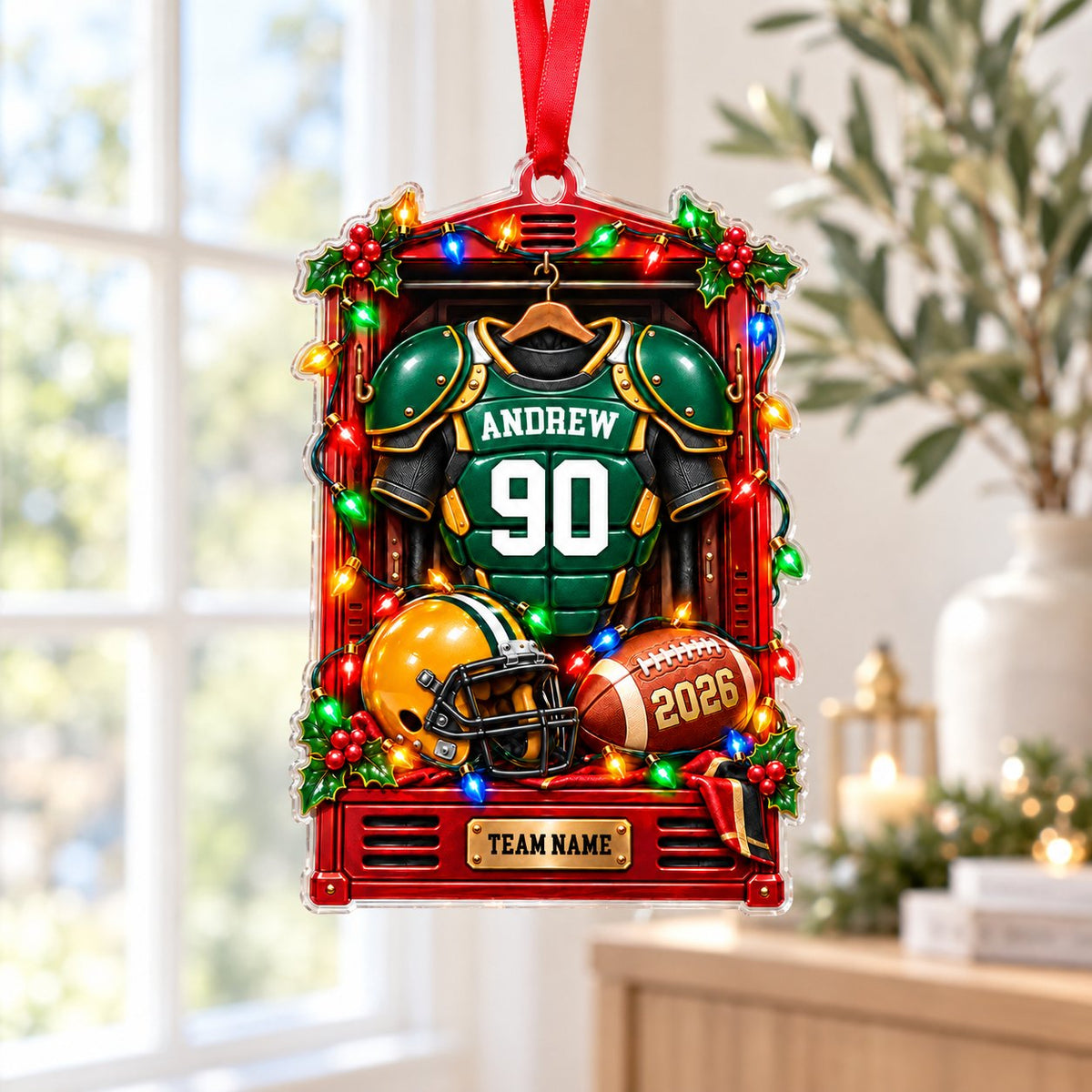 Red locker ornament with green jersey, yellow helmet and football, Christmas lights, personalized name and number.