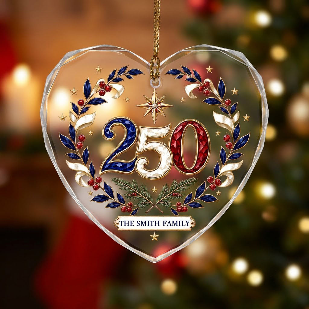 Personalized 250th Anniversary Patriotic Wreath Heart Glass Ornament