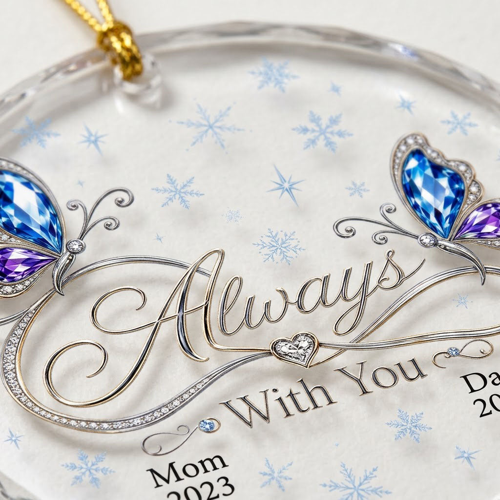 Round glass ornament with blue and purple jeweled butterflies, silver infinity heart, and light blue snowflakes.