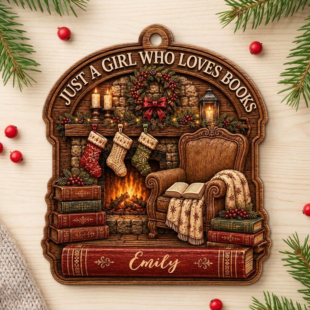 Wood ornament with fireplace, wreath, stockings, armchair and books, plus 'Just a Girl Who Loves Books' and a name.