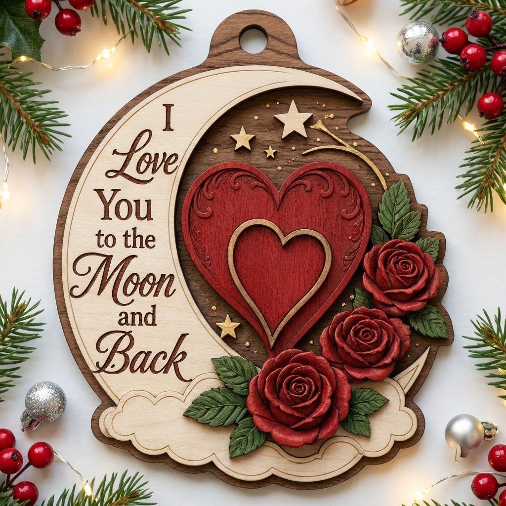 Custom-cut wood ornament with a crescent moon, red heart, three red roses, gold stars, and clouds.