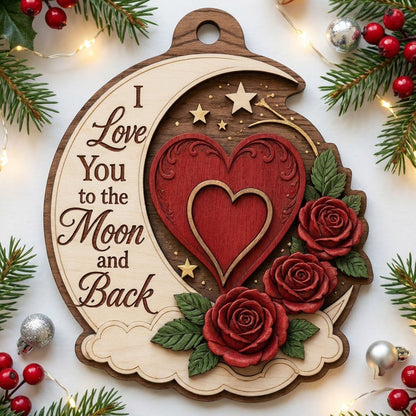 Custom-cut wood ornament with a crescent moon, red heart, three red roses, gold stars, and clouds.