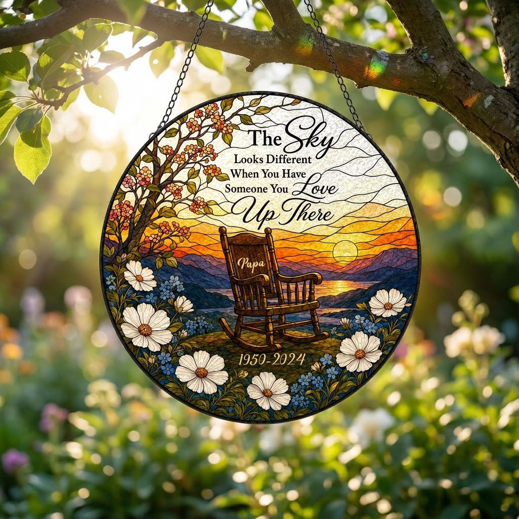 Round stained glass–style suncatcher with an empty rocking chair on a hill at sunset with flowers and a lake.