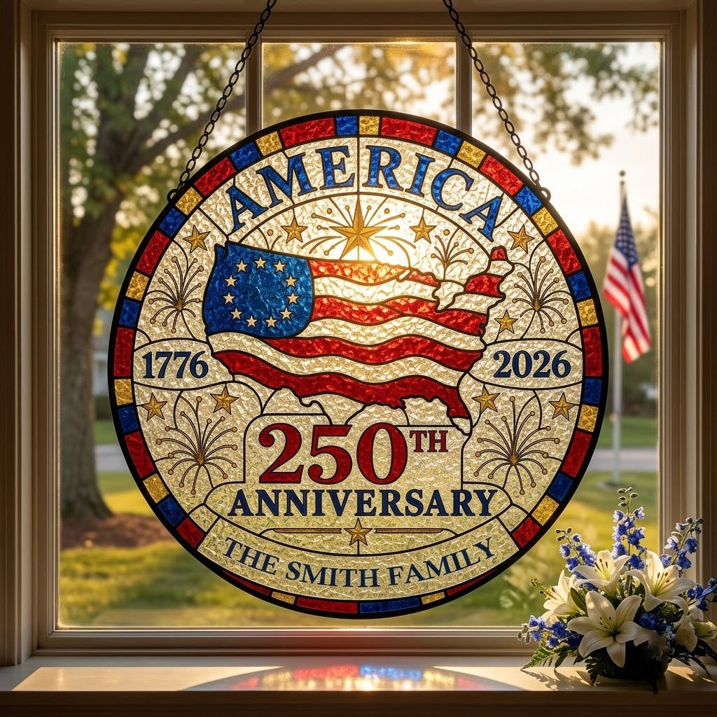 Round stained-glass look suncatcher with US map flag, 1776–2026, 250TH ANNIVERSARY, and a personalized family name banne