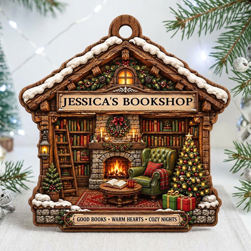 House-shaped wood ornament with cozy bookshop scene, fireplace, bookshelves, and a lit Christmas tree.