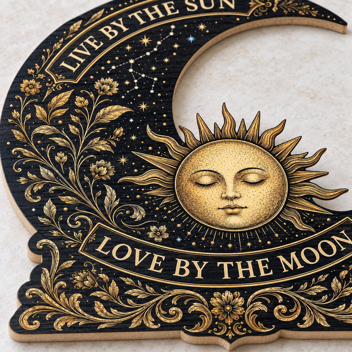 Crescent moon and sleeping sun wooden sign with gold constellations and words Live by the Sun, Love by the Moon.