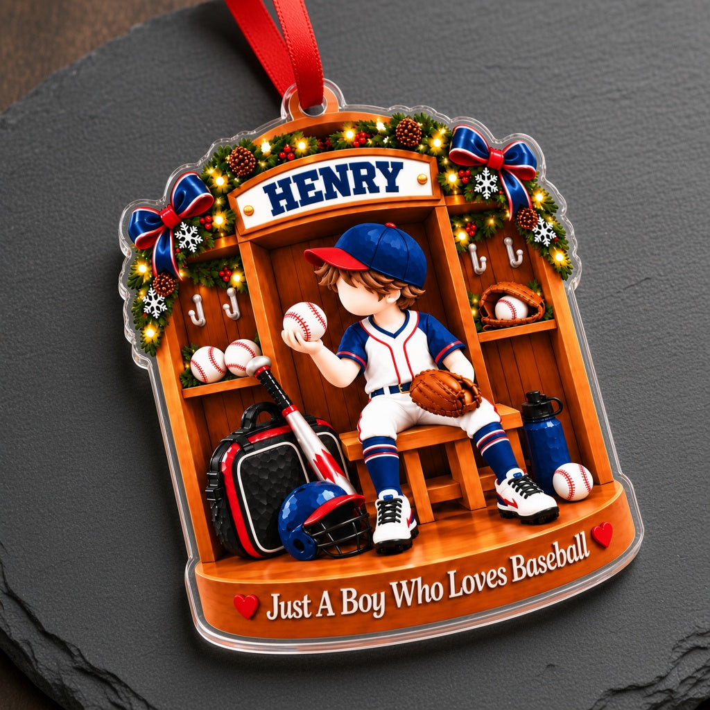 Acrylic ornament of a Christmas baseball locker room with a boy in uniform and the text Just A Boy Who Loves Baseball.