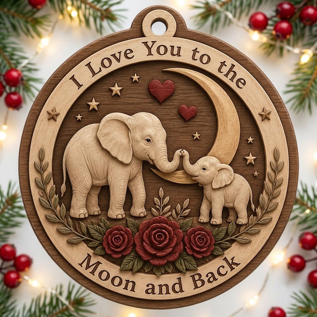 Round wood ornament with adult and baby elephants touching trunks under a crescent moon, red hearts, stars, and roses