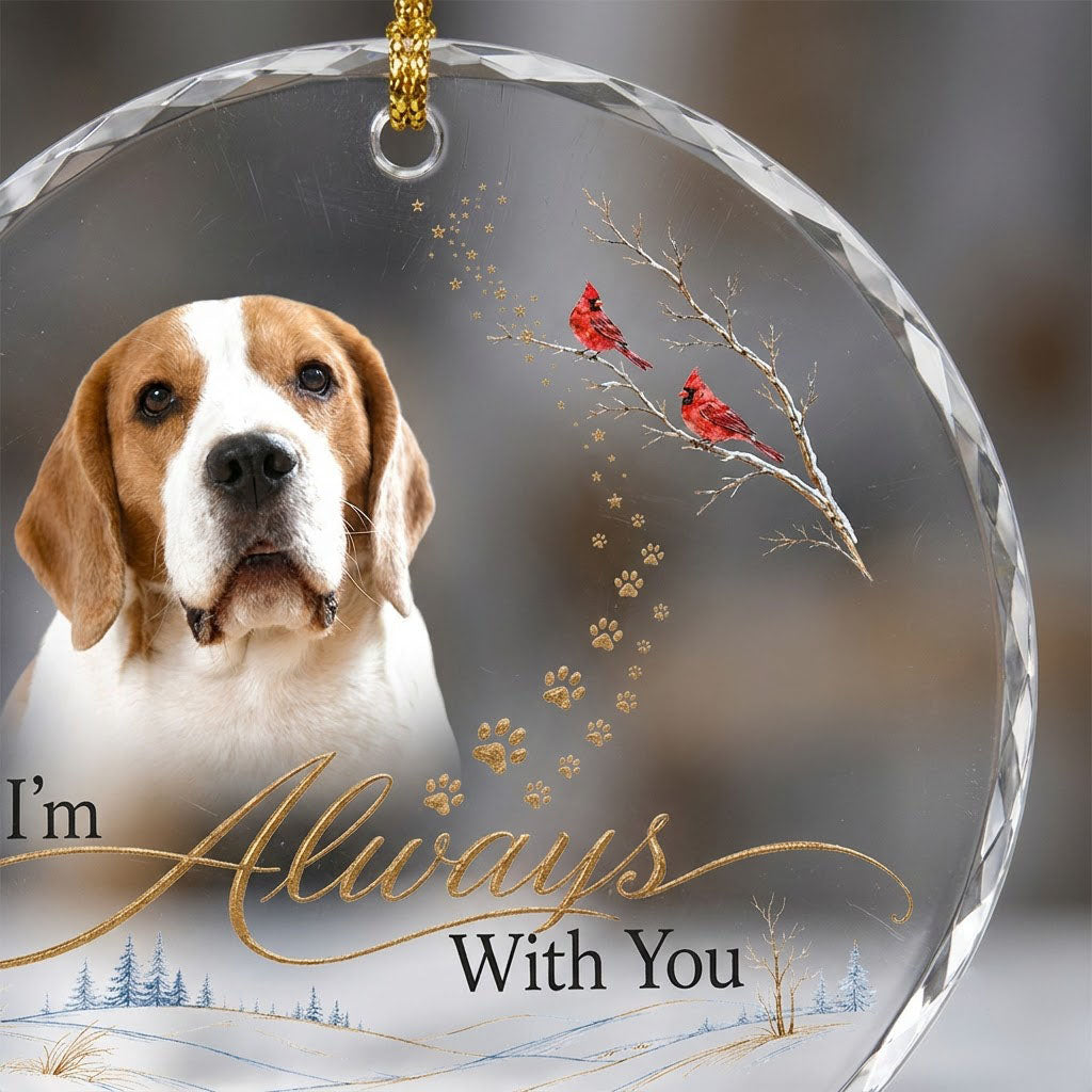 Personalized Dog Memorial Photo I'm Always With You Winter Cardinal Round Glass Ornament