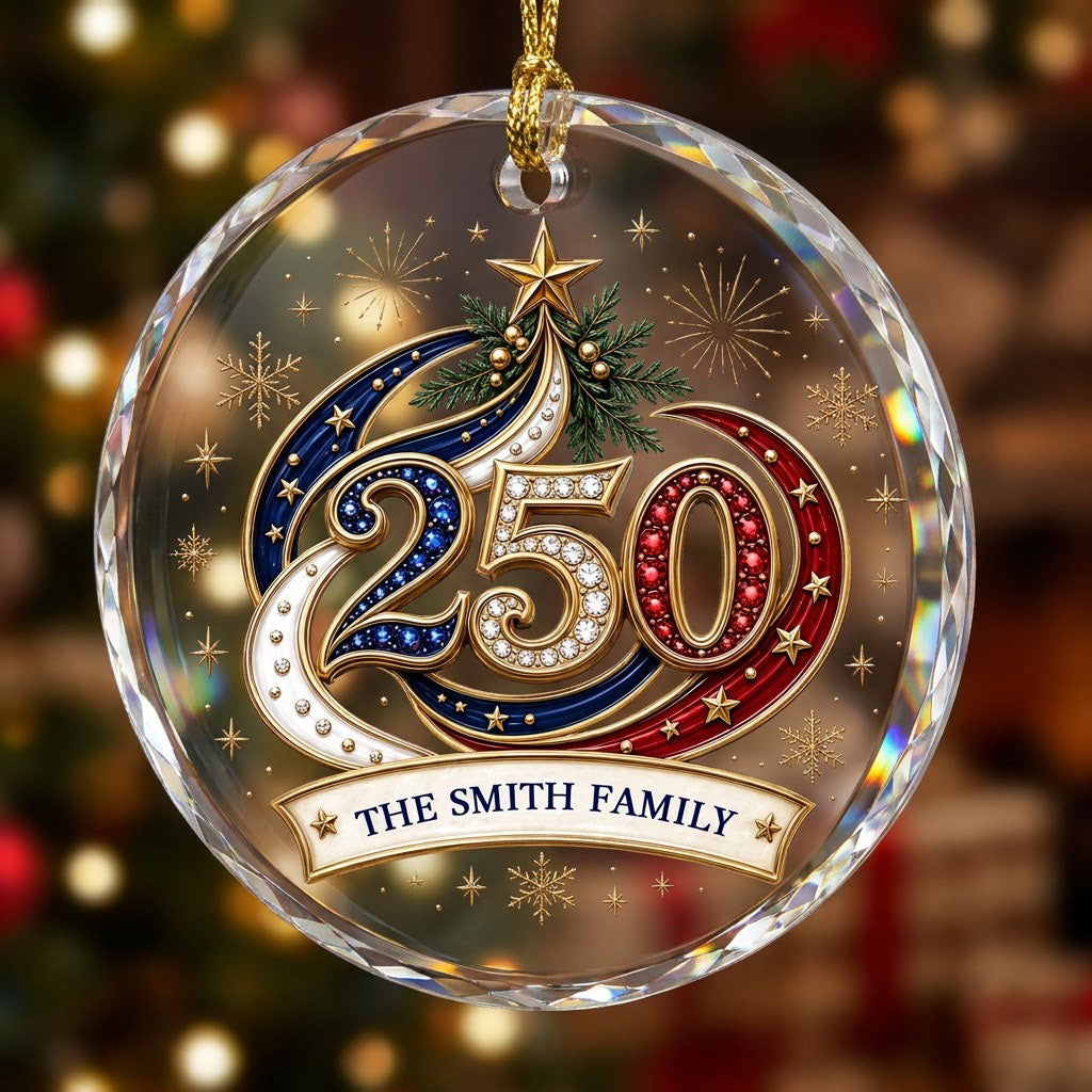 Personalized 250th Anniversary Patriotic Bauble Round Glass Ornament