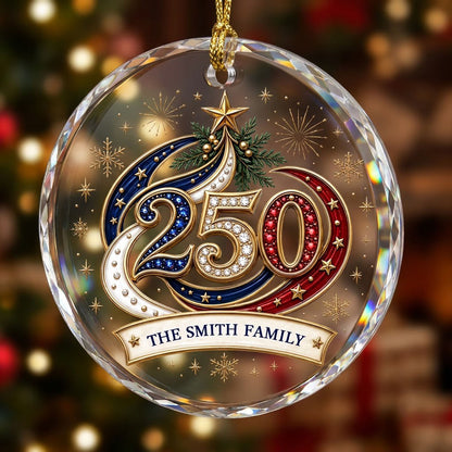 Personalized 250th Anniversary Patriotic Bauble Round Glass Ornament