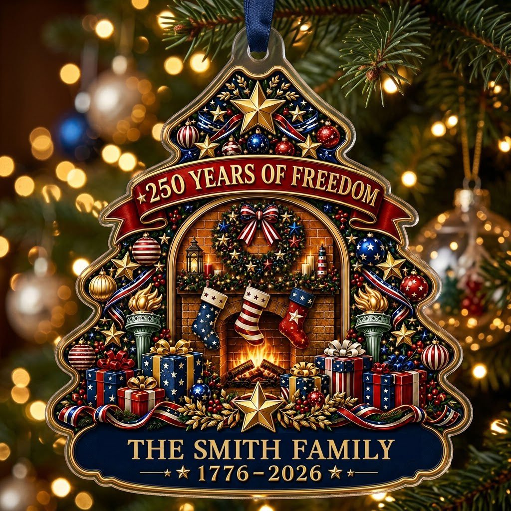 Personalized America 250th Tree Fireplace Acrylic Ornament, Custom Patriotic Holiday Keepsake