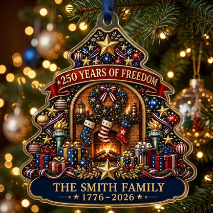 Personalized America 250th Tree Fireplace Acrylic Ornament, Custom Patriotic Holiday Keepsake