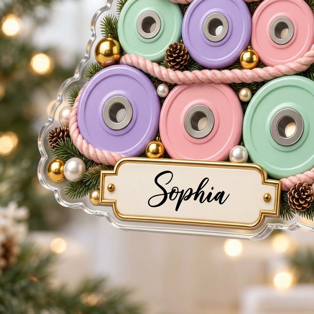 Acrylic Christmas tree ornament of stacked pastel weight plates with a gold star dumbbell and a cream name banner.