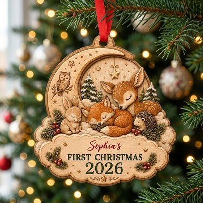 Personalized Woodland Animals Baby's First Christmas Wood Ornament, Custom Keepsake