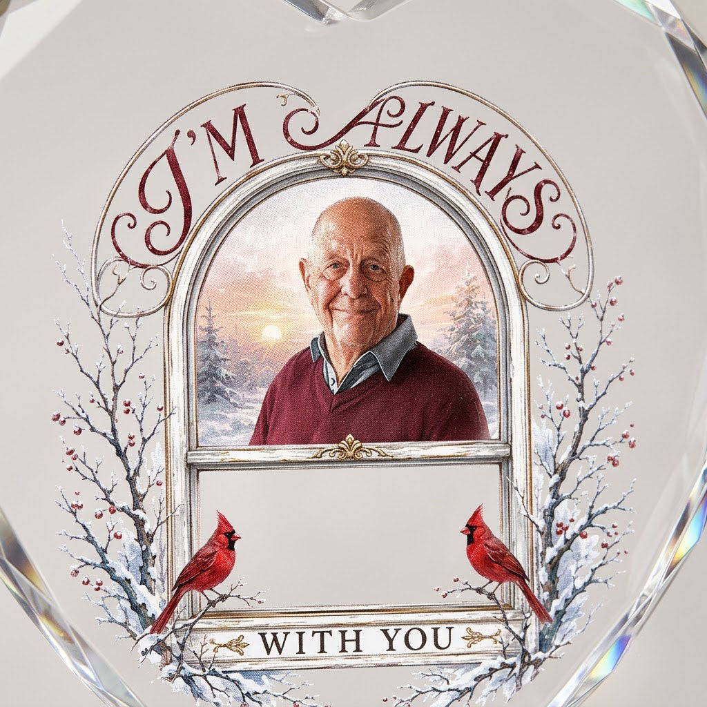 Heart-shaped glass ornament with red cardinals, arched photo window, and I'M ALWAYS WITH YOU text on a snowy winter scen