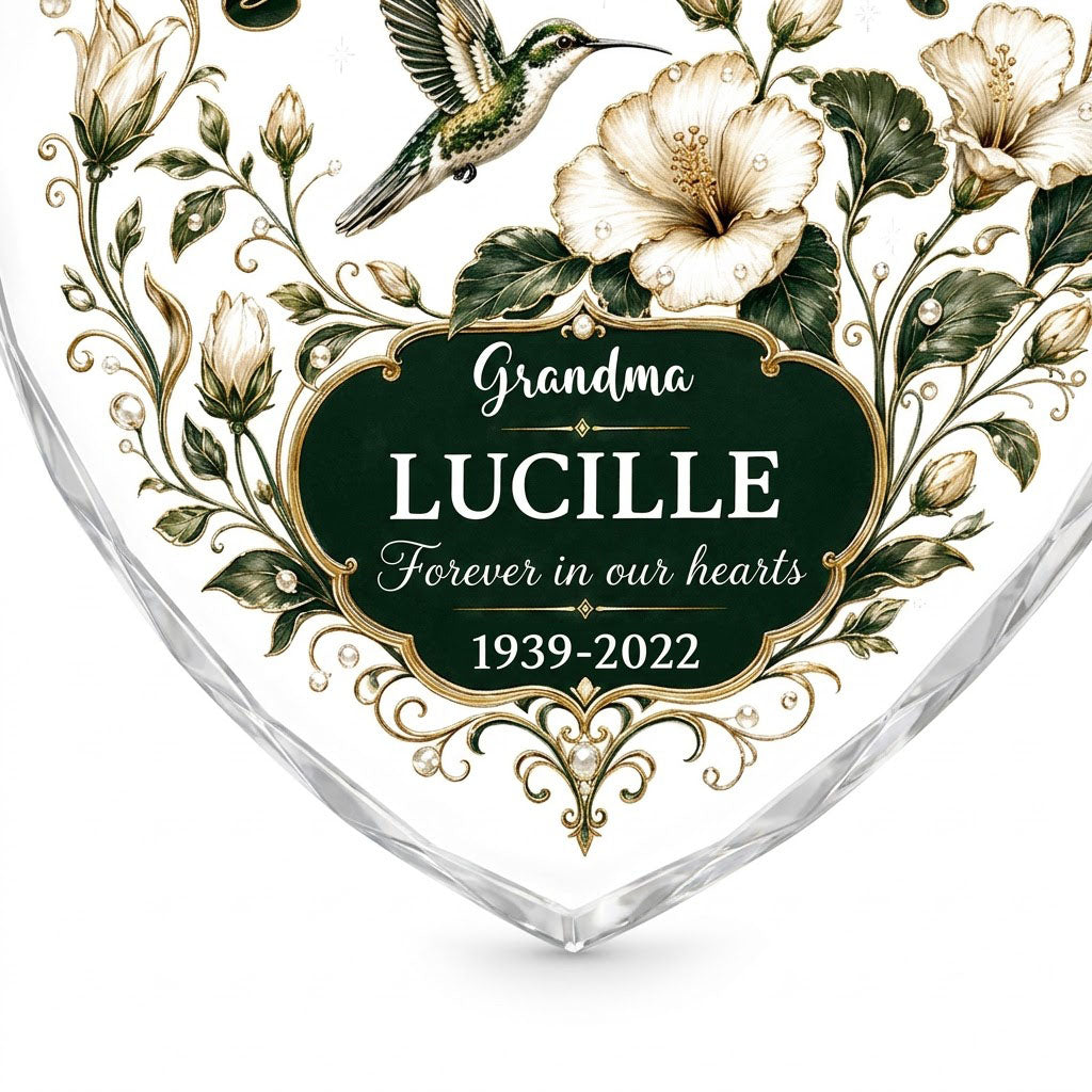 Personalized Hummingbird Memorial Your Love Still Blooms Here Emerald Banner Heart Glass Ornament