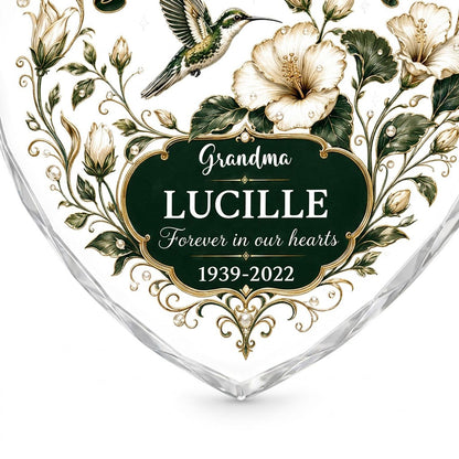 Personalized Hummingbird Memorial Your Love Still Blooms Here Emerald Banner Heart Glass Ornament