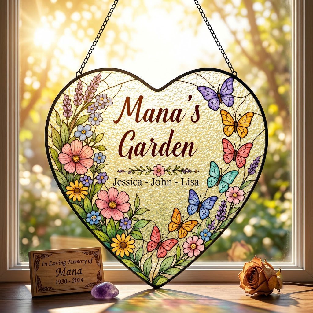 Heart stained-glass suncatcher with floral border, colorful butterflies, and 'Mana's Garden' with kids' names.