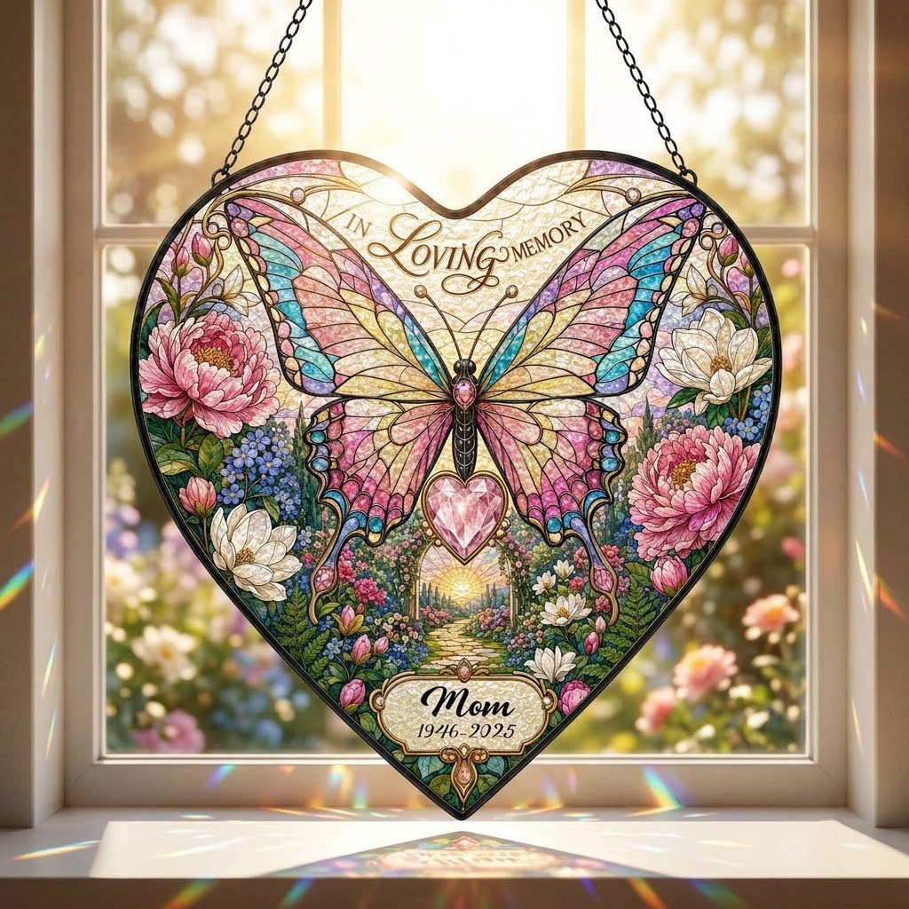Personalized Butterfly Floral Garden Memorial In Loving Memory Heart Stained Glass Suncatcher